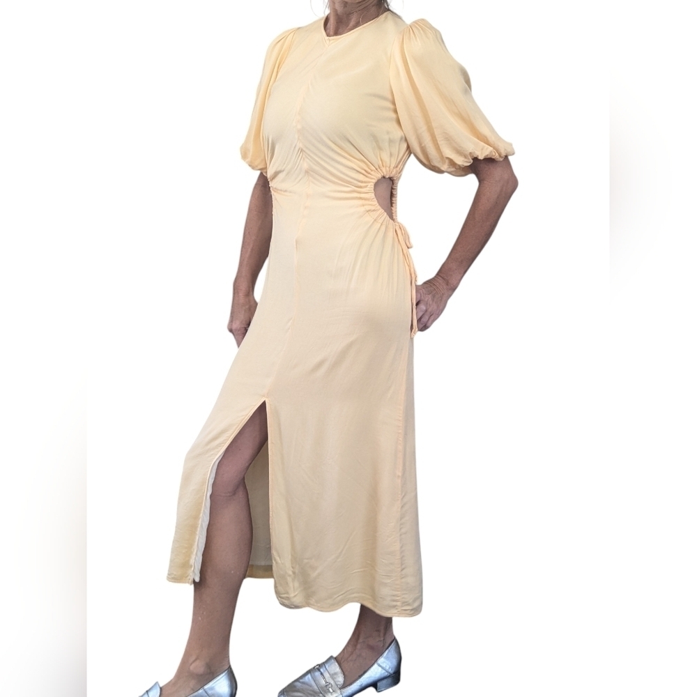 Nobody's Child Butter Yellow Cutout Midi Dress Puff Sleeve US 8